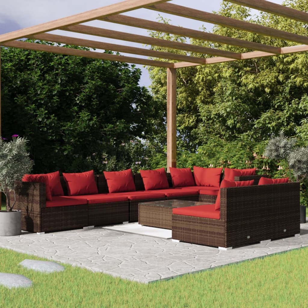 vidaXL Set mobilier de grădină cu perne, 9 piese, maro, poliratan