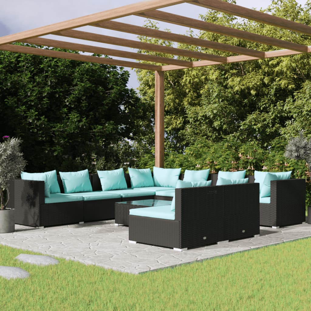 vidaXL Set mobilier de grădină cu perne, 10 piese, negru, poliratan