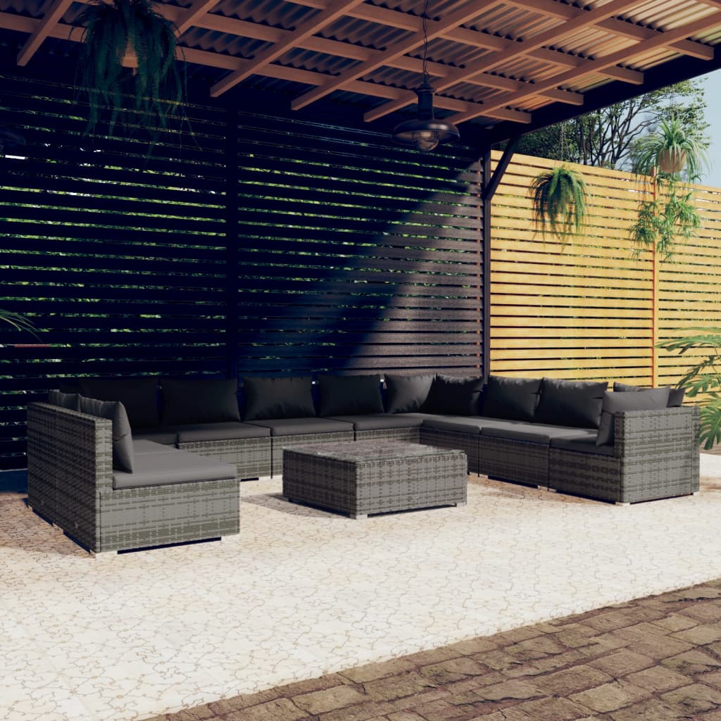 vida XL 11-tlg. Garten-Lounge-Set mit Kissen Grau Poly Rattan