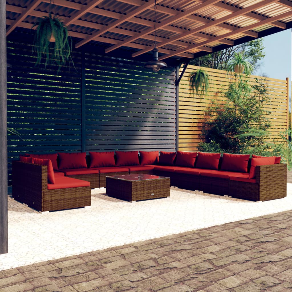 vidaXL 12 pcs conjunto lounge de jardim c/ almofadões vime PE castanho