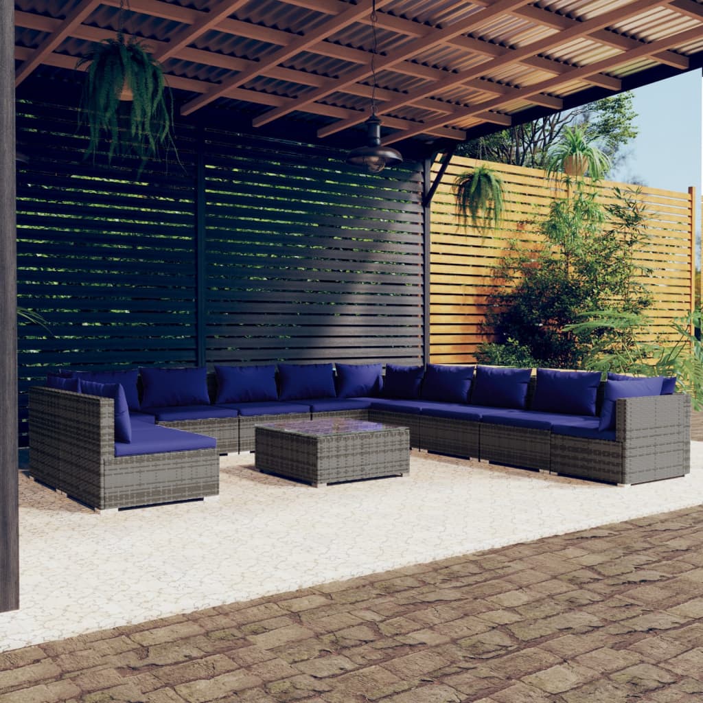 vidaXL 12 pcs conjunto lounge de jardim c/ almofadões vime PE cinza