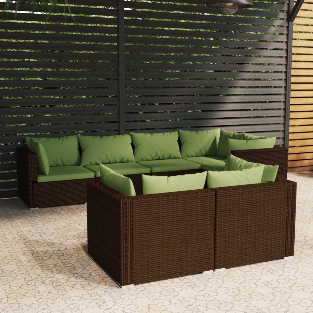 vidaXL 7-tlg. Garten-Lounge-Set mit Kissen Braun Poly Rattan