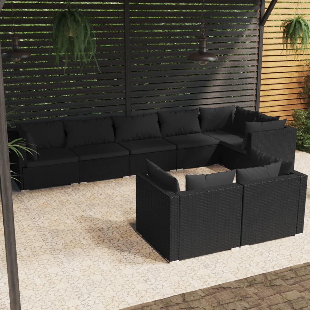 vidaXL Set mobilier de grădină cu perne, 8 piese, negru, poliratan