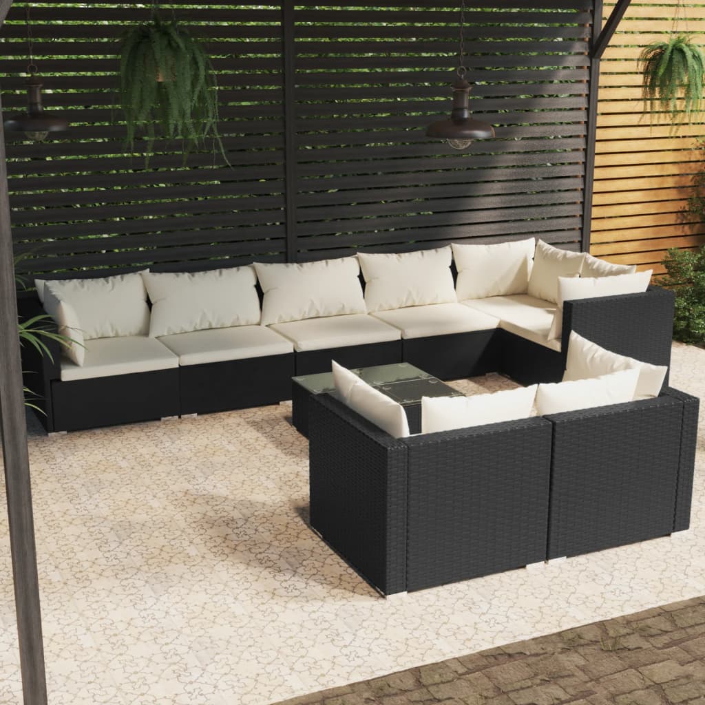 vidaXL Set mobilier de grădină cu perne, 9 piese, negru, poliratan