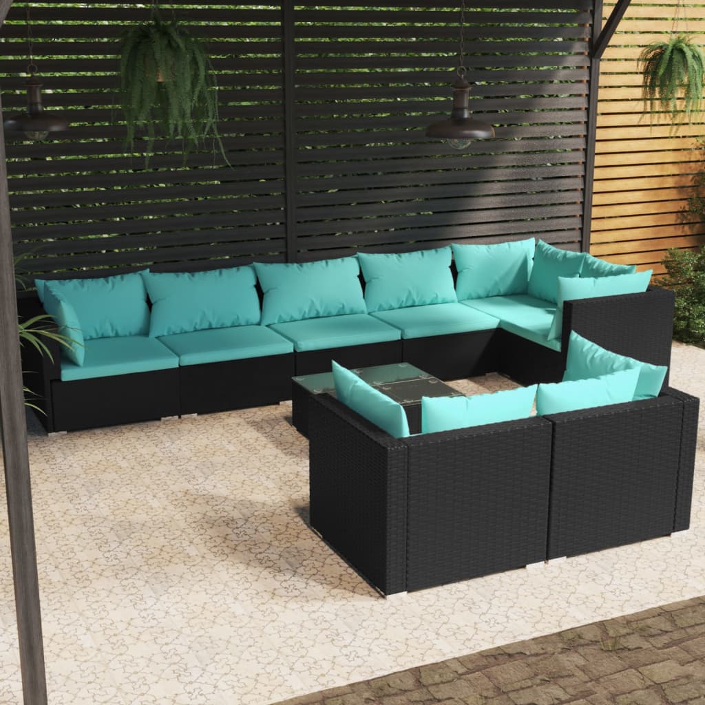vidaXL Set mobilier de grădină cu perne, 9 piese, negru, poliratan