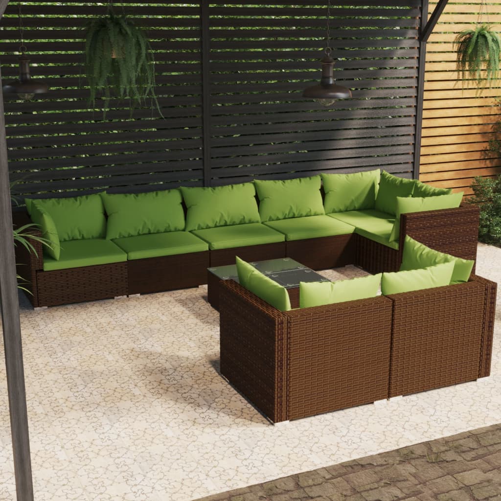 vidaXL 9-tlg. Garten-Lounge-Set mit Kissen Braun Poly Rattan