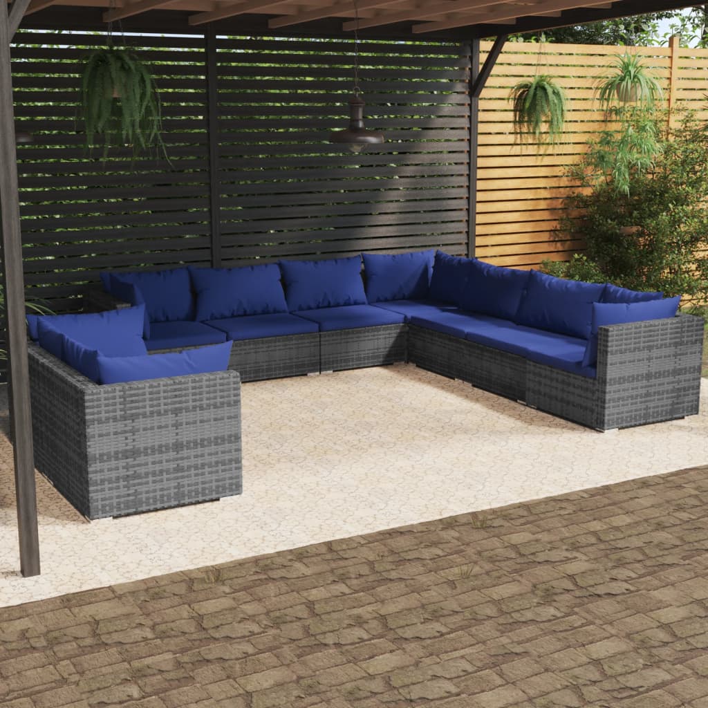 vida XL 9-tlg. Garten-Lounge-Set mit Kissen Grau Poly Rattan