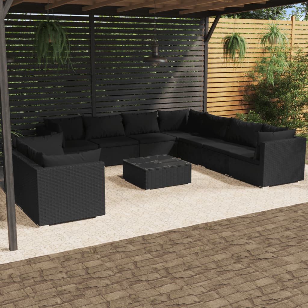 Salon de jardin 10 pcs avec coussins noir résine tressée
