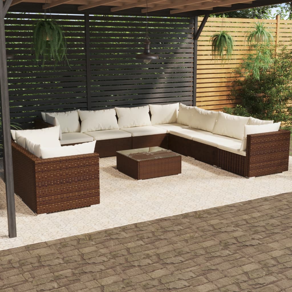 vidaXL 10 pcs conjunto lounge de jardim c/ almofadões vime PE castanho