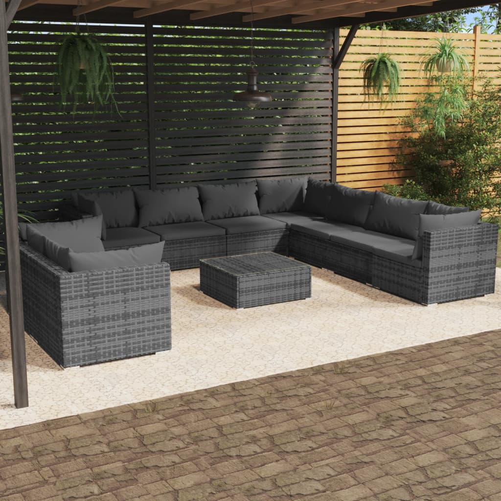 vidaXL Salon de jardin 10 pcs avec coussins Gris Résine tressée