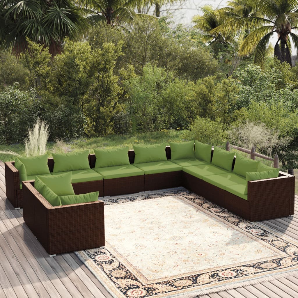 vida XL 10-tlg. Garten-Lounge-Set mit Kissen Braun Poly Rattan