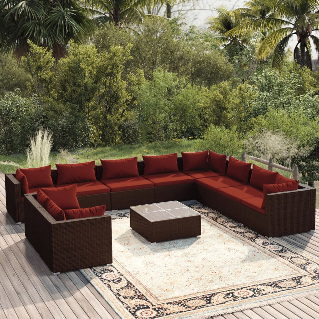 vidaXL 11 pcs conjunto lounge jardim c/ almofadões vime PE castanho