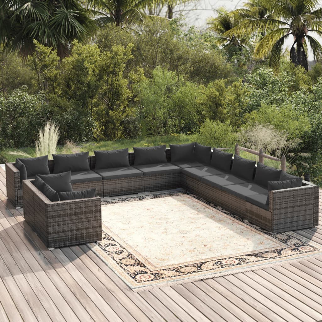 vida XL 11-tlg. Garten-Lounge-Set mit Kissen Grau Poly Rattan