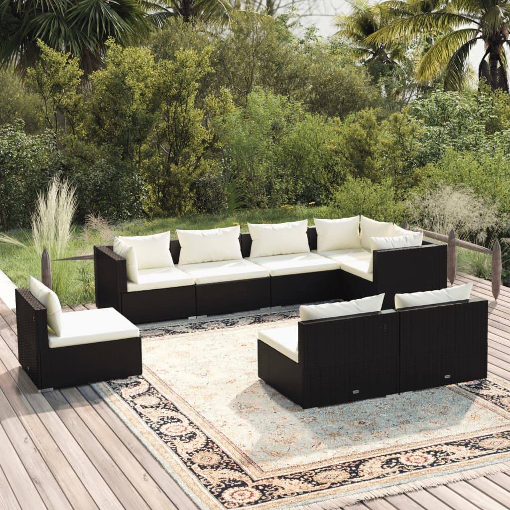 Salon de jardin 8 pcs avec coussins résine tressée noir
