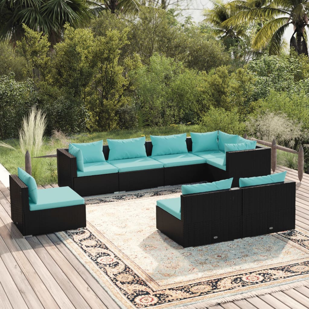 vida XL 8-tlg. Garten-Lounge-Set mit Kissen Poly Rattan Schwarz