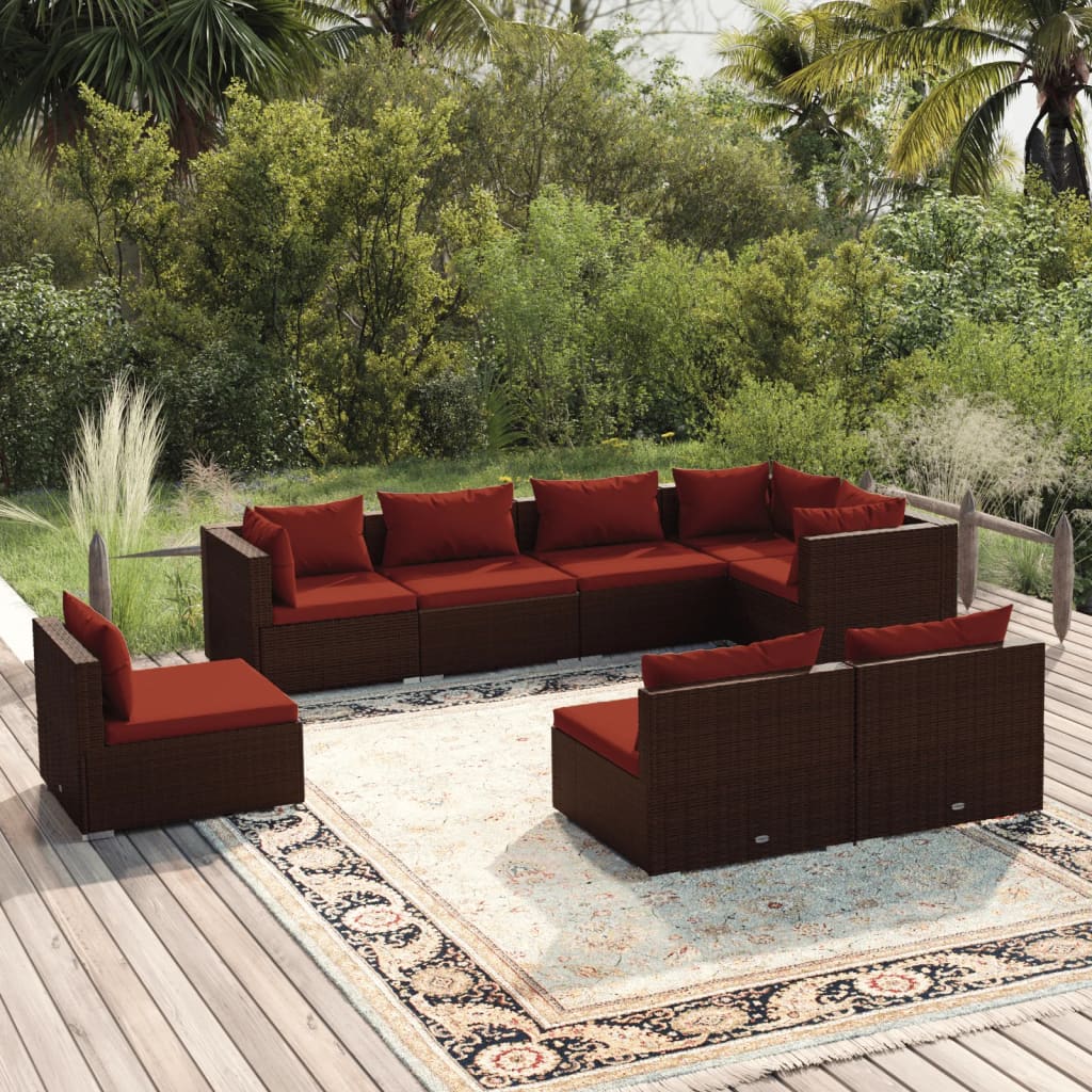 vida XL 8-tlg. Garten-Lounge-Set mit Kissen Poly Rattan Braun
