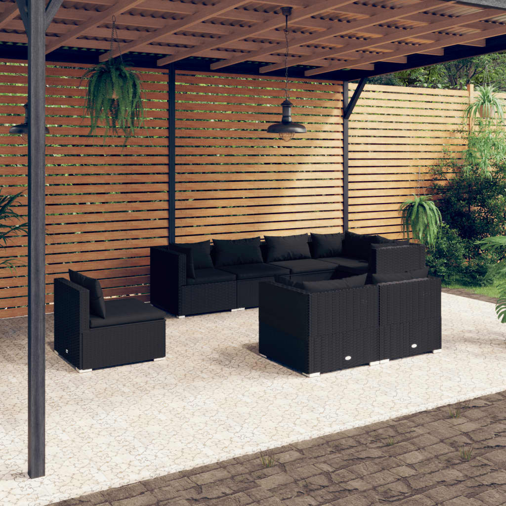 vida XL 8-tlg. Garten-Lounge-Set mit Kissen Poly Rattan Schwarz