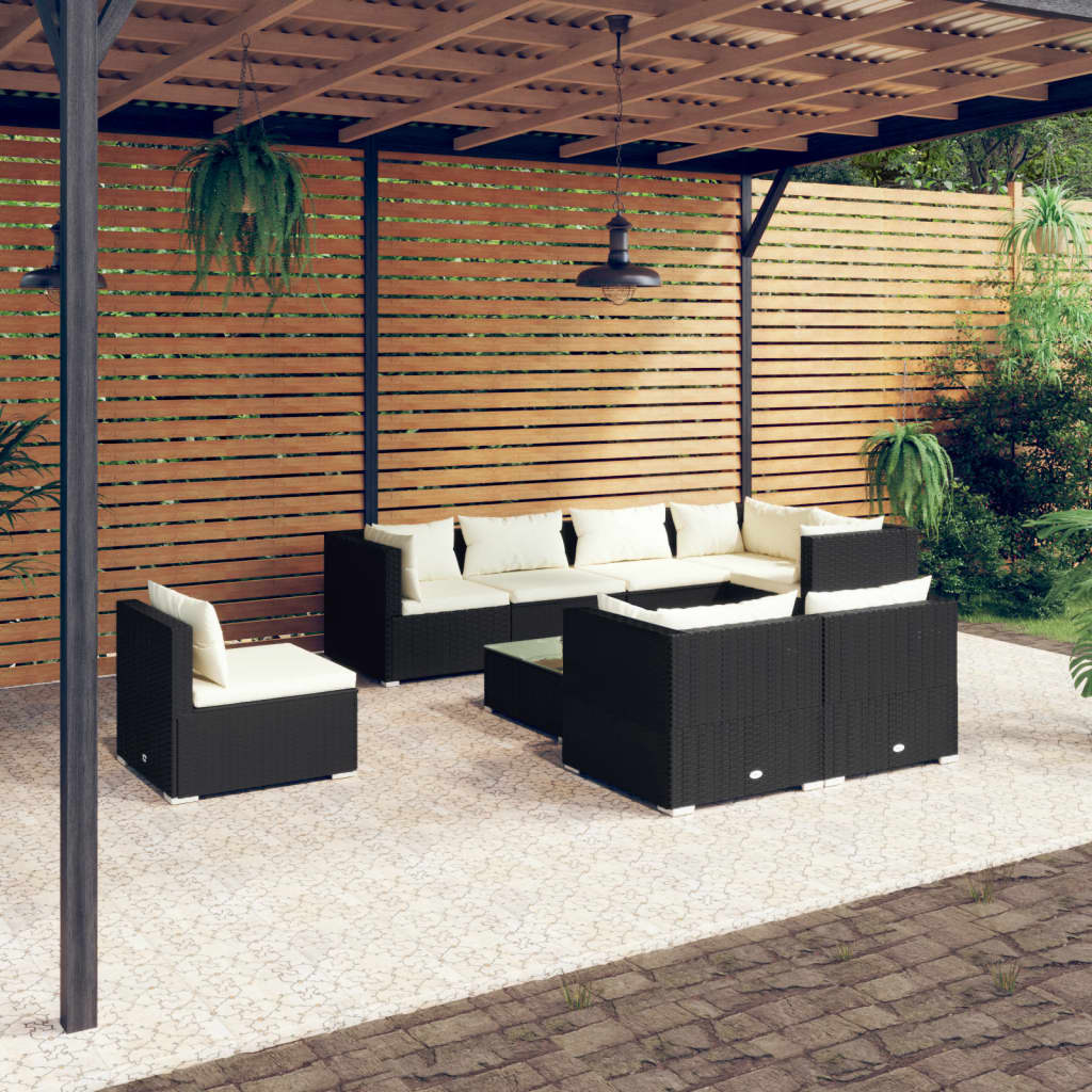 vidaXL Set mobilier de grădină cu perne, 9 piese, negru, poliratan