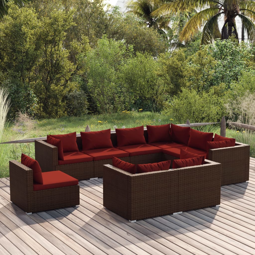 vida XL 9-tlg. Garten-Lounge-Set mit Kissen Poly Rattan Braun