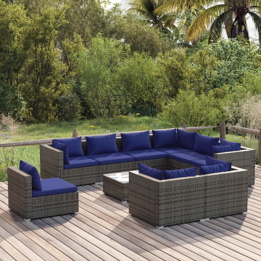 vida XL 10-tlg. Garten-Lounge-Set mit Kissen Poly Rattan Grau