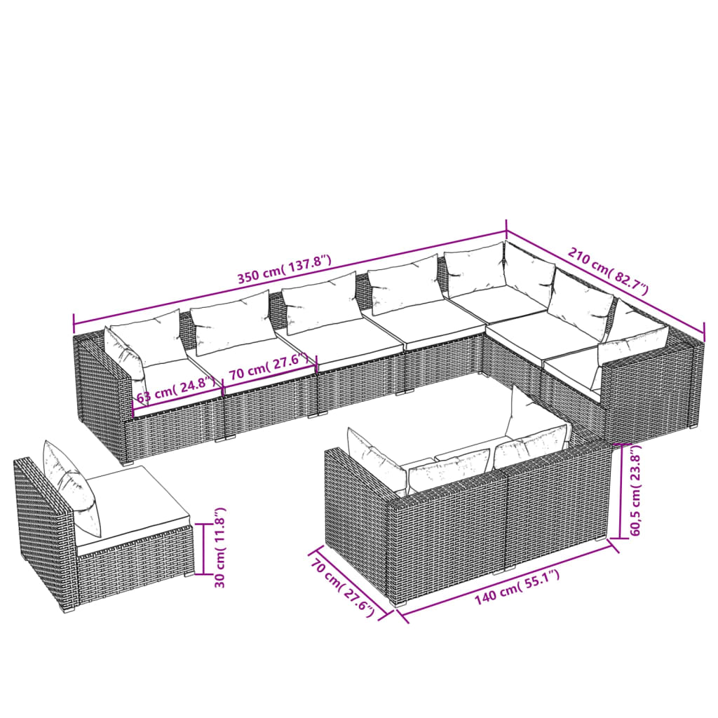 Zestaw wypoczynkowy ogrodowy, czarny, kremowe poduszki, modularny, 5 narożnych sof, 5 środkowych sof