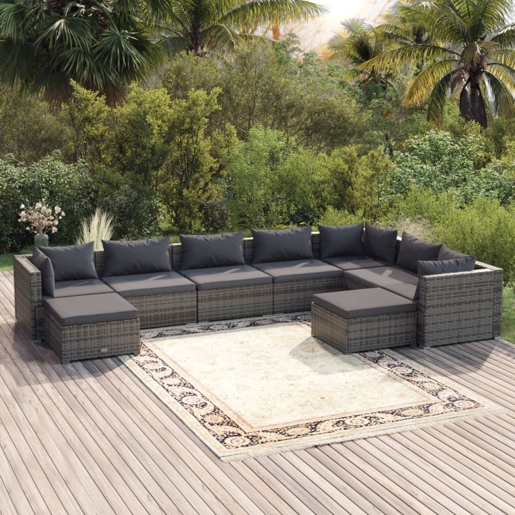 vida XL 9-tlg. Garten-Lounge-Set mit Kissen Poly Rattan Grau