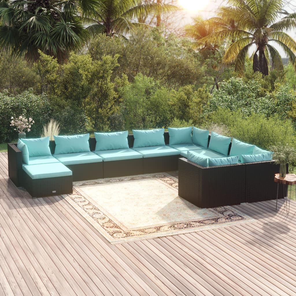 vida XL 10-tlg. Garten-Lounge-Set mit Kissen Poly Rattan Schwarz