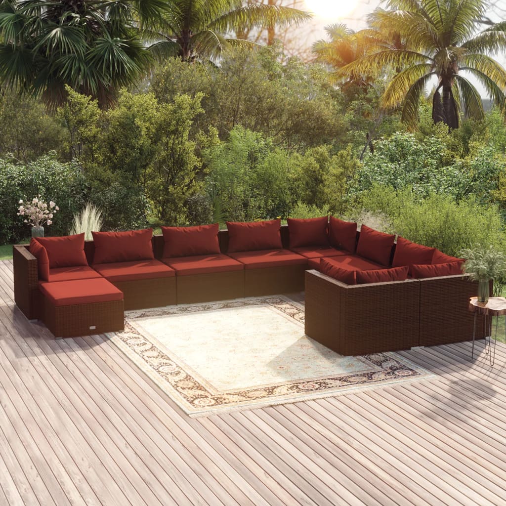 vidaXL 10-tlg. Garten-Lounge-Set mit Kissen Poly Rattan Braun