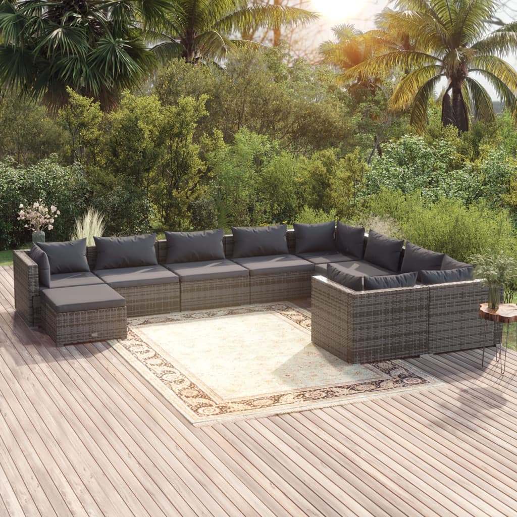 vidaXL 10-tlg. Garten-Lounge-Set mit Kissen Poly Rattan Grau