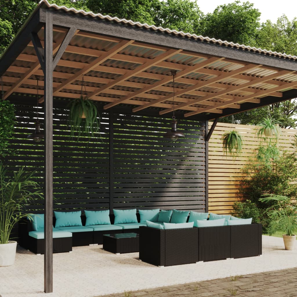 vida XL 12-tlg. Garten-Lounge-Set mit Kissen Poly Rattan Schwarz