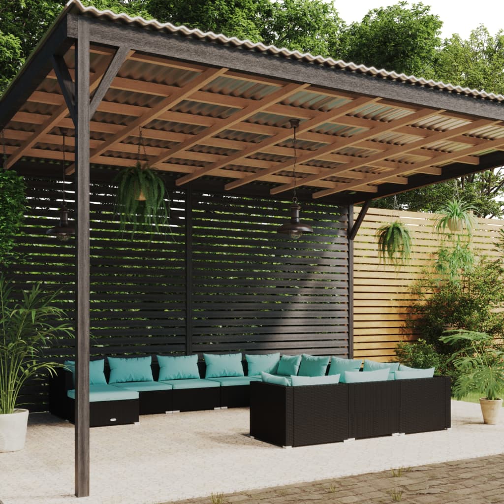 vida XL 12-tlg. Garten-Lounge-Set mit Kissen Poly Rattan Schwarz