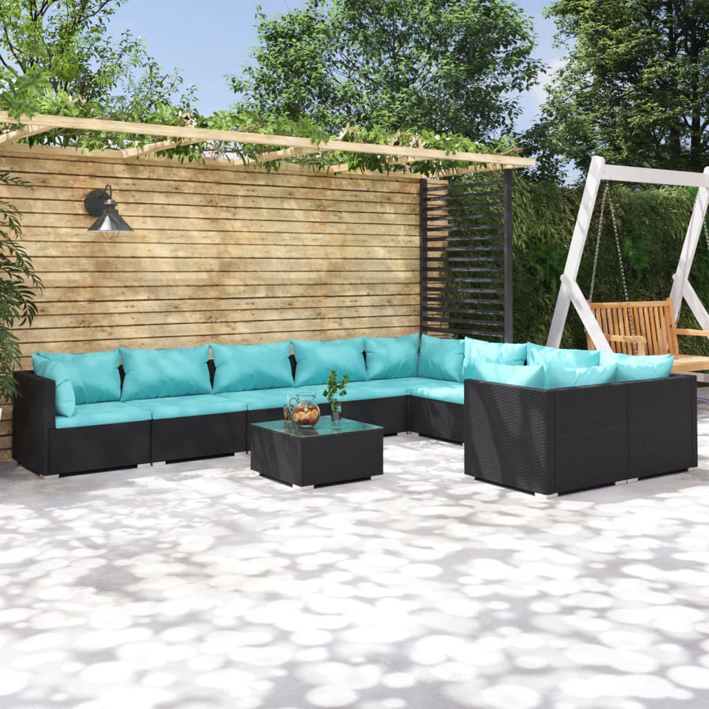 vidaXL Set mobilier de grădină cu perne, 10 piese, negru, poliratan
