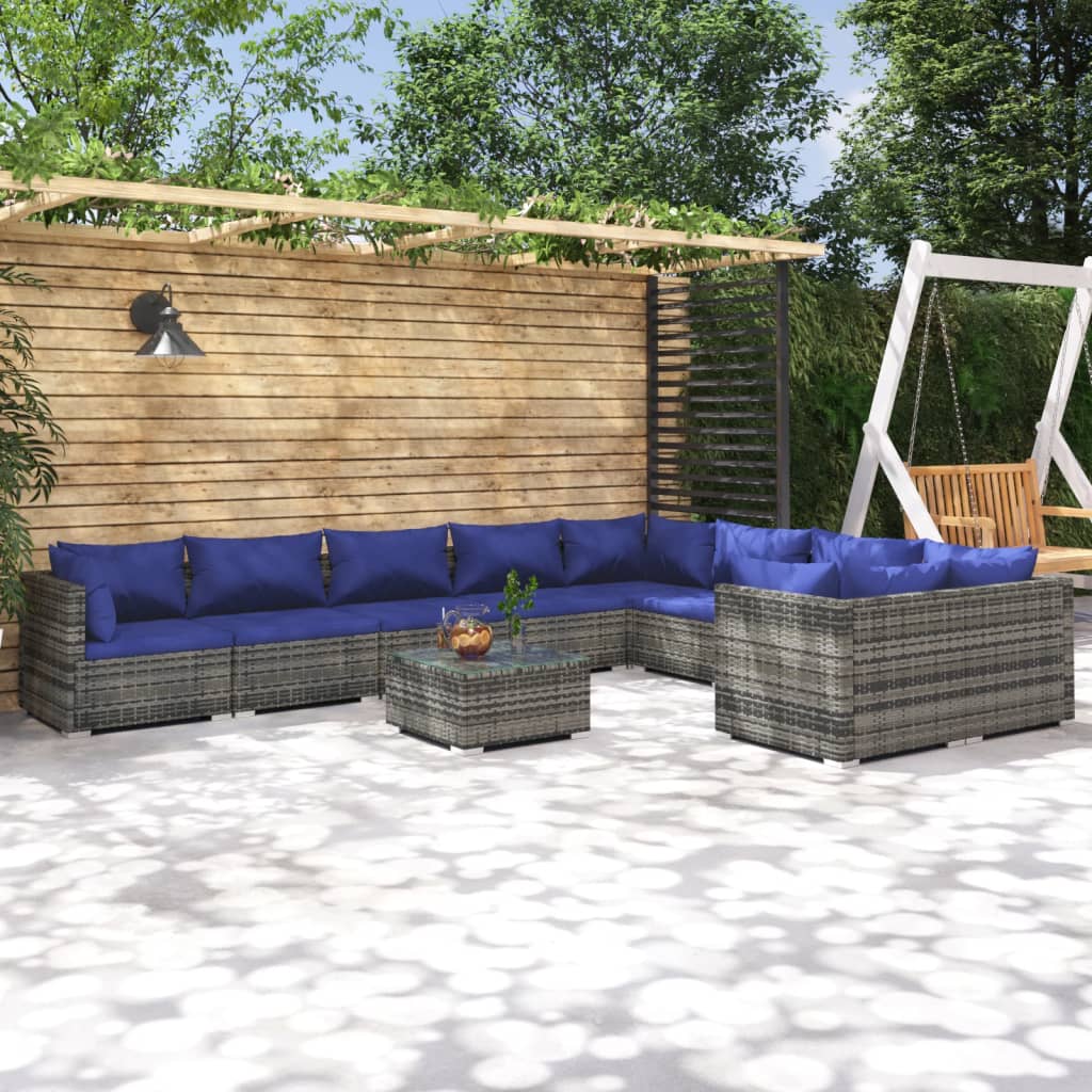 vida XL 10-tlg. Garten-Lounge-Set mit Kissen Poly Rattan Grau