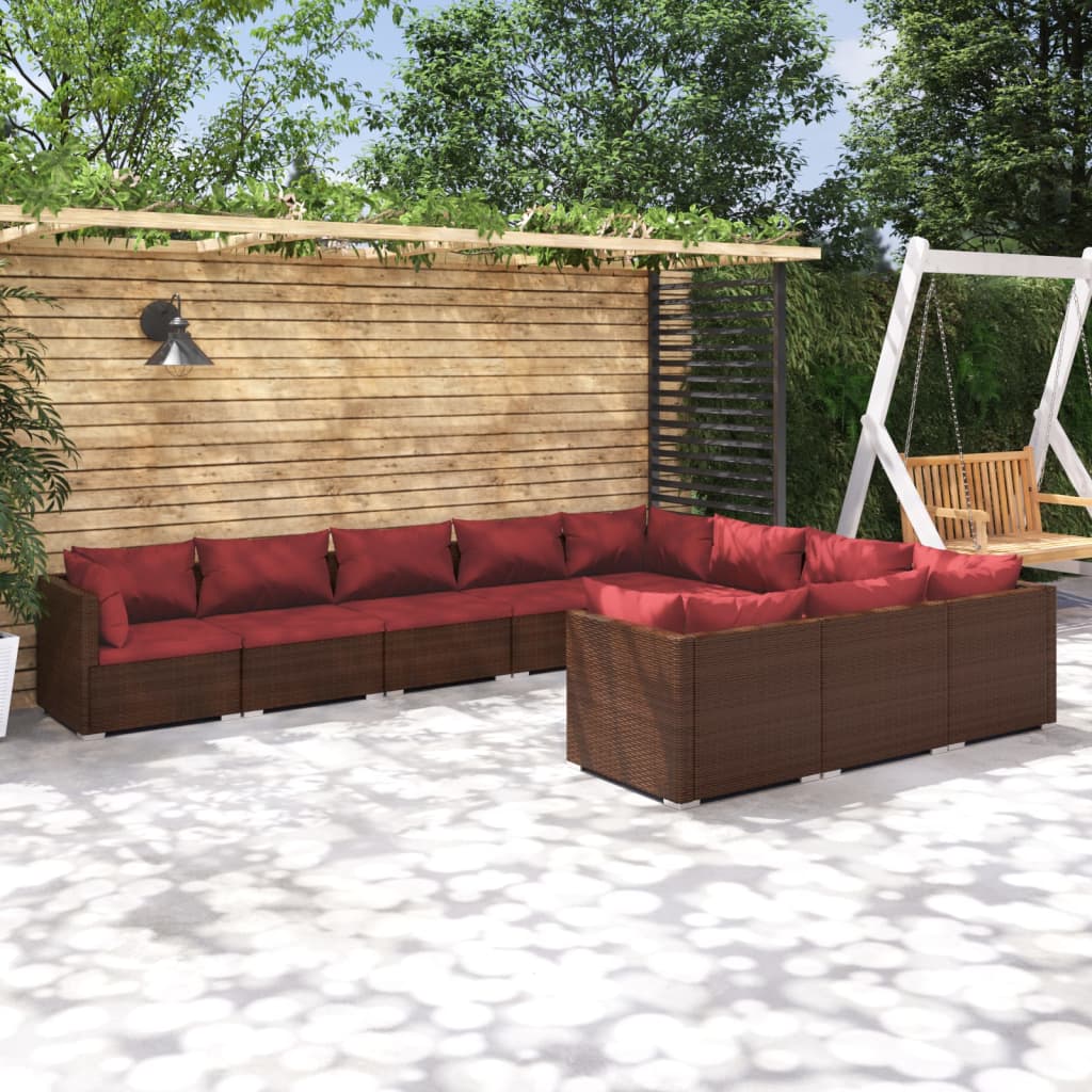 vidaXL Set mobilier de grădină cu perne, 10 piese, maro, poliratan