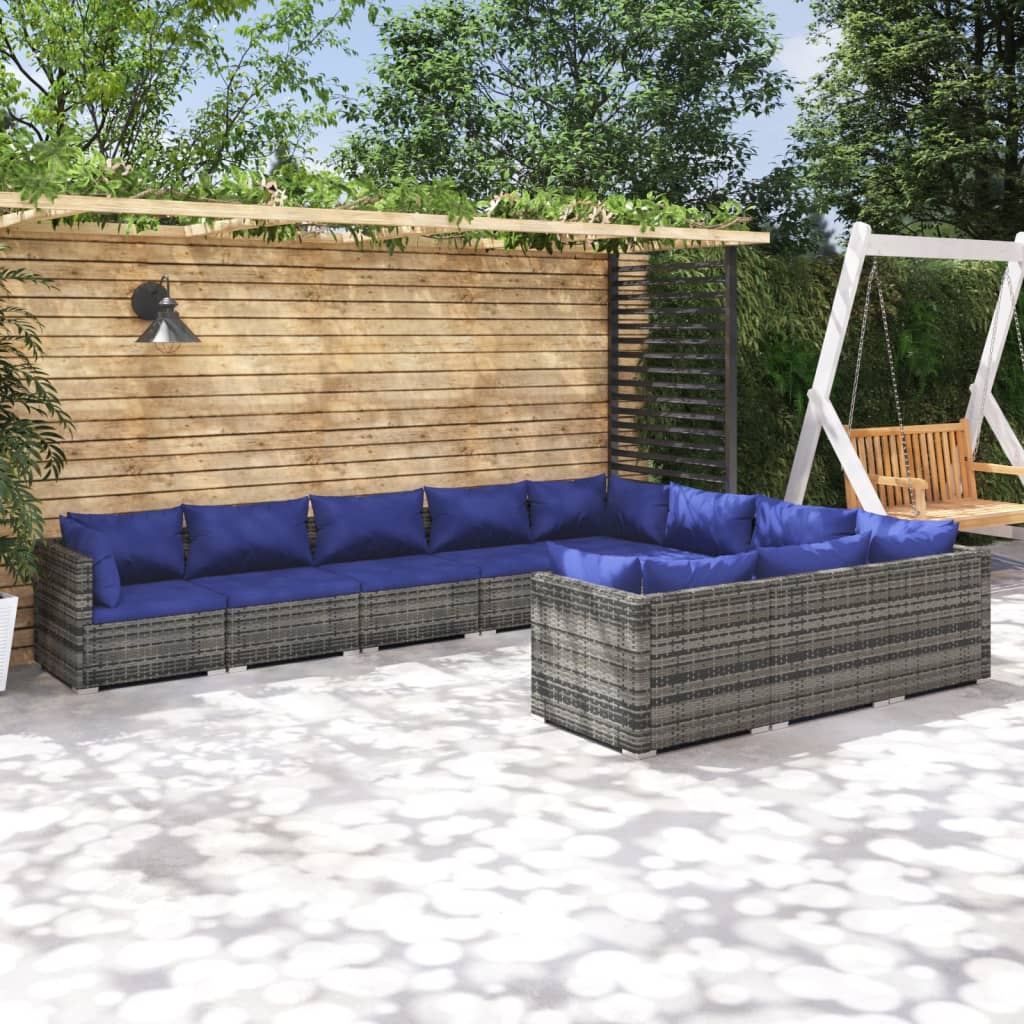 10-tlg. Garten-Lounge-Set mit Kissen Poly Rattan Grau kaufen