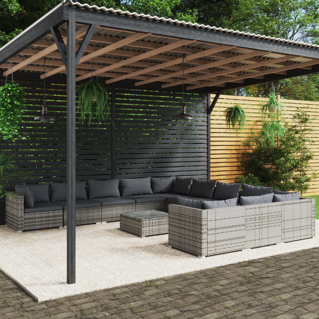vida XL 12-tlg. Garten-Lounge-Set mit Kissen Poly Rattan Grau
