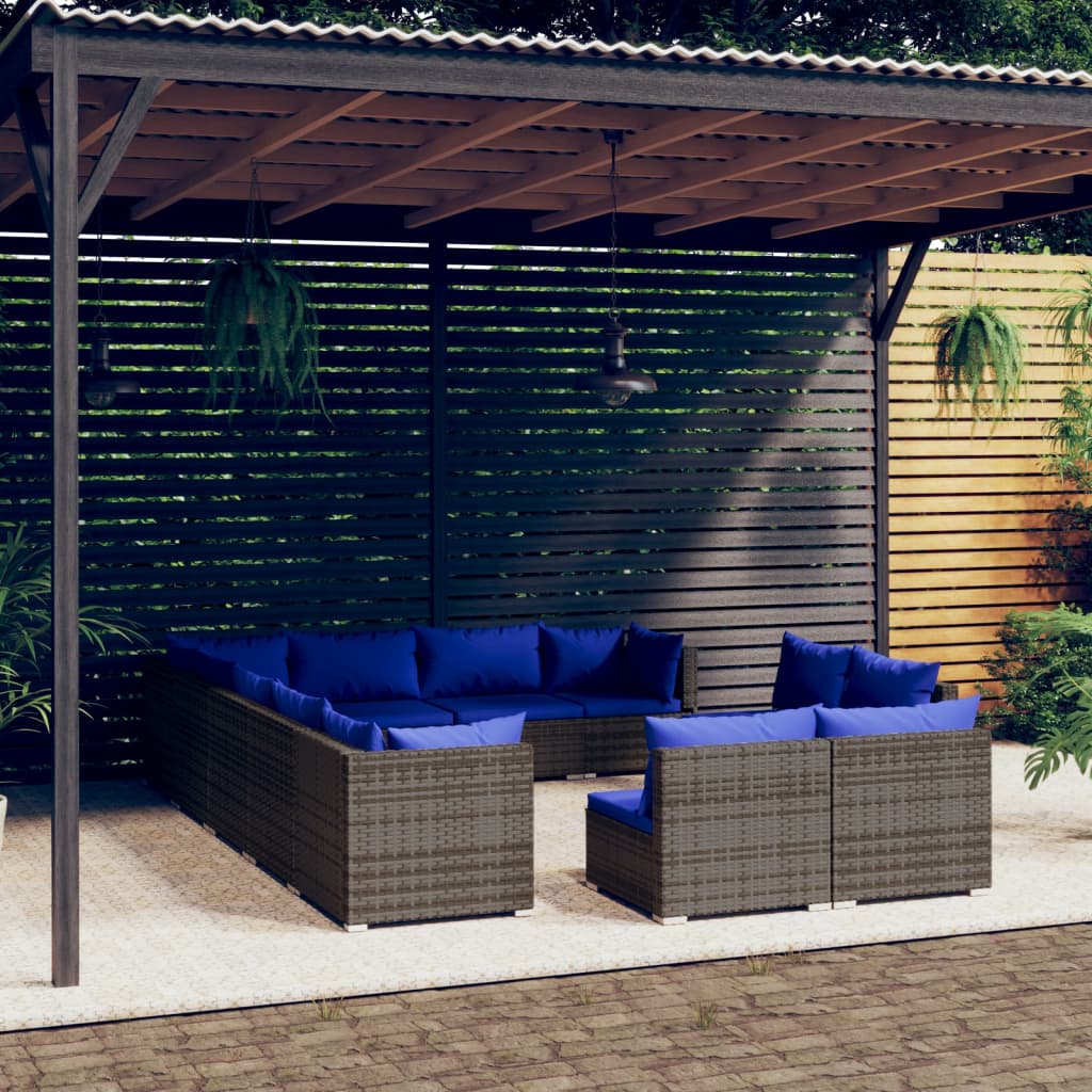 vida XL 12-tlg. Garten-Lounge-Set mit Kissen Grau Poly Rattan