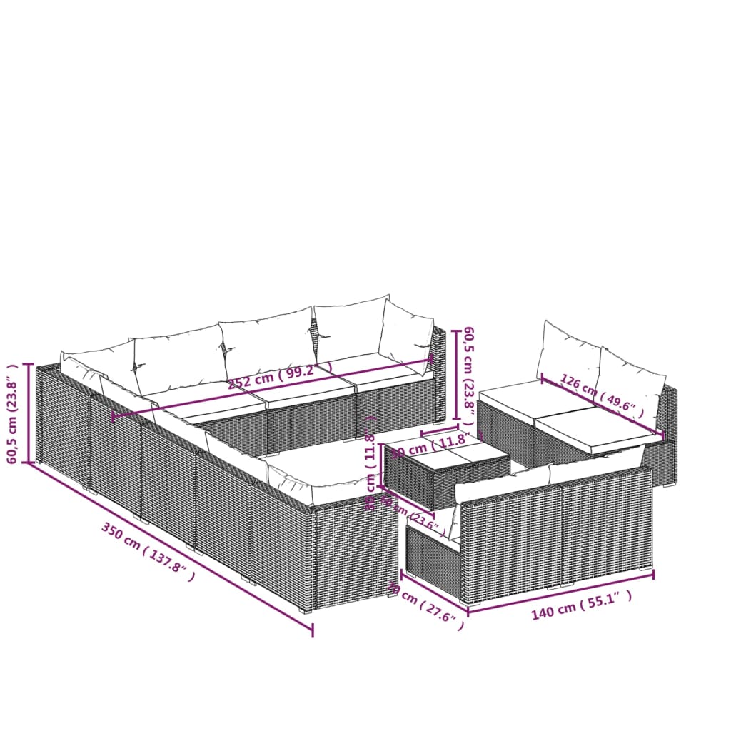 Set mobilier de grădină cu perne, 13 piese, negru, poliratan