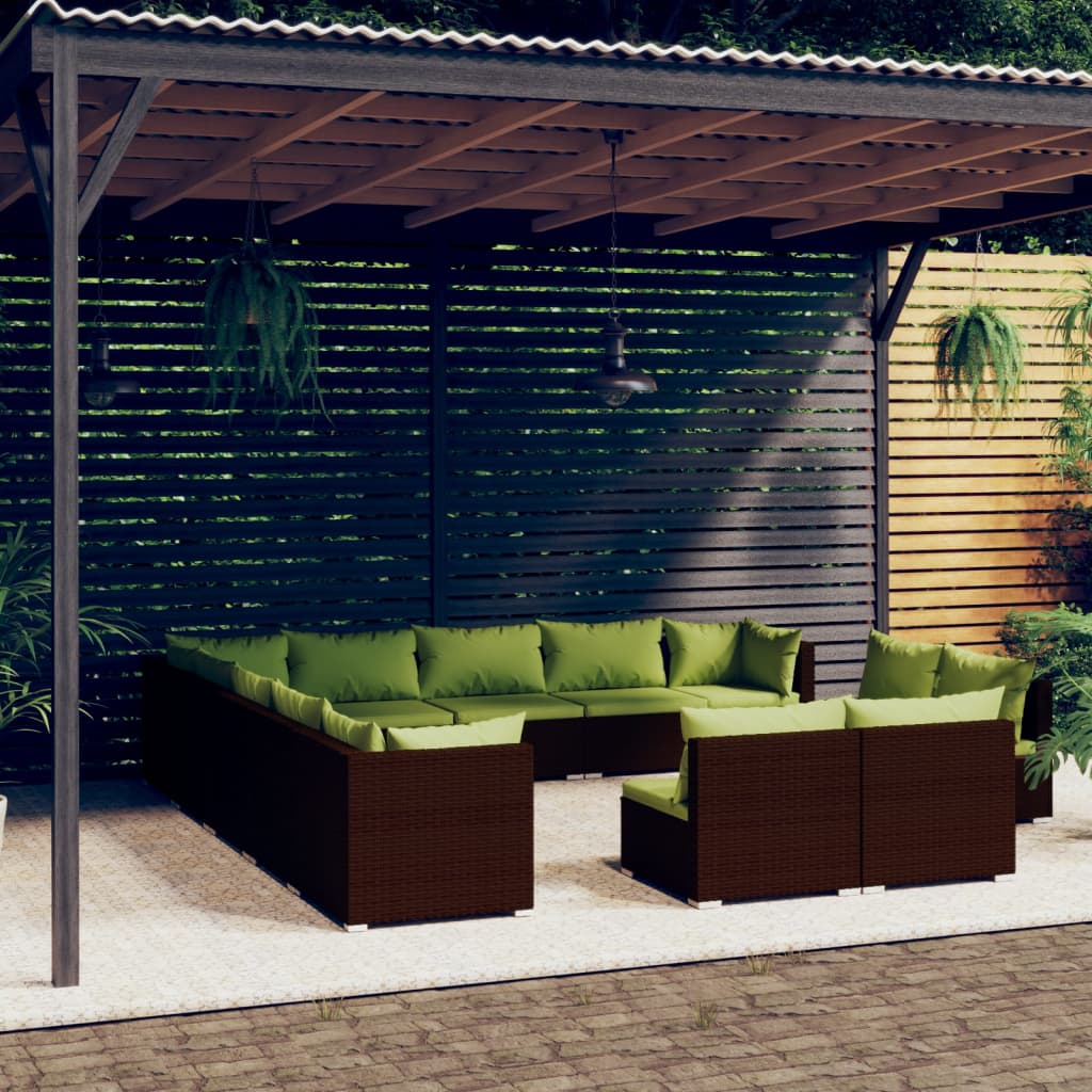 vidaXL 13 pcs conjunto lounge jardim c/ almofadões vime PE castanho