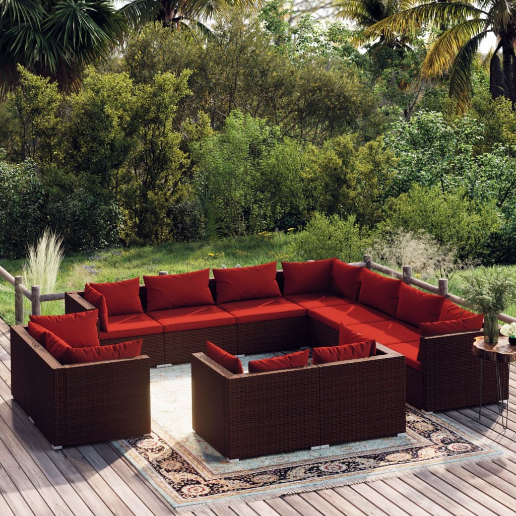 vidaXL 11 pcs conjunto lounge jardim c/ almofadões vime PE castanho