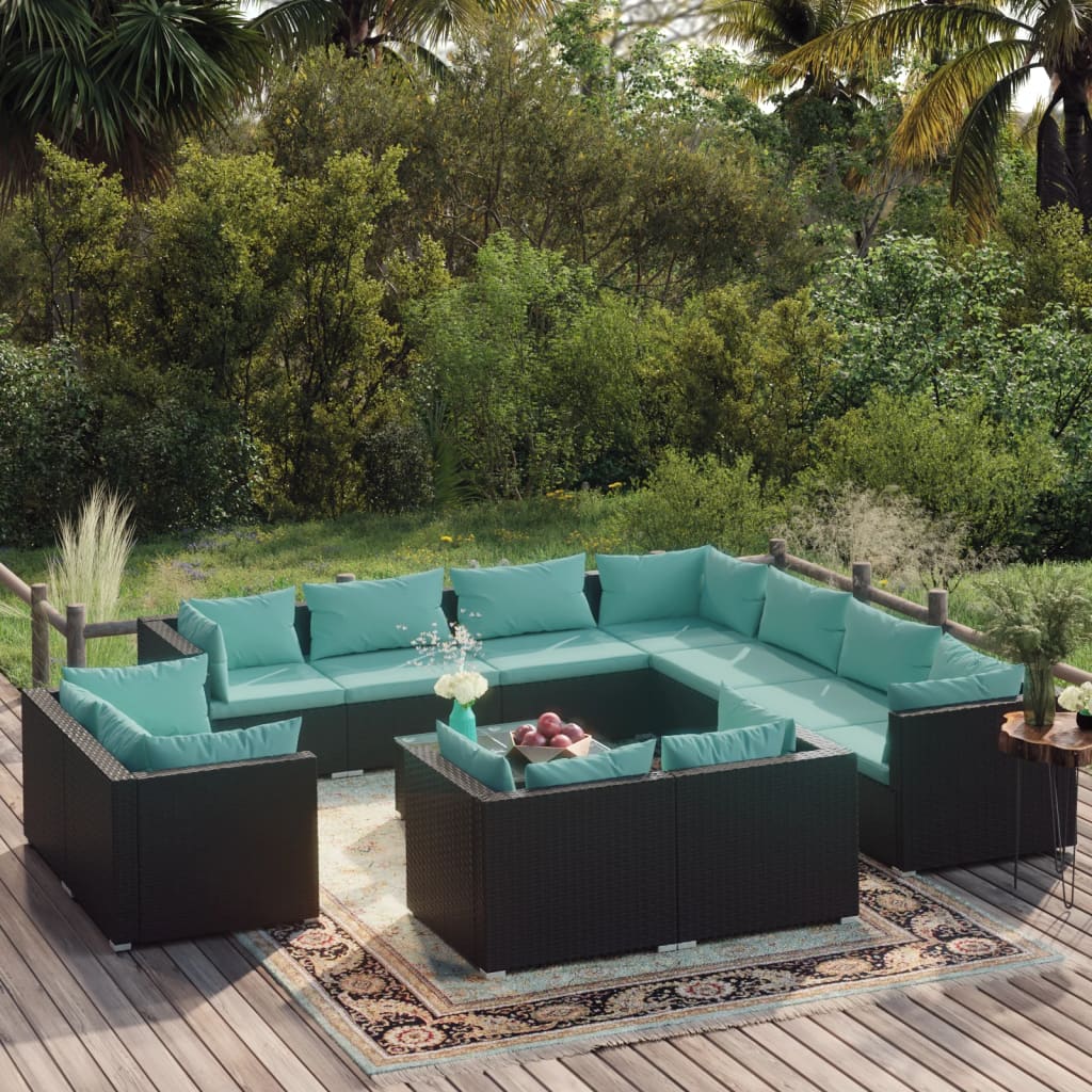 vida XL 12-tlg. Garten-Lounge-Set mit Kissen Schwarz Poly Rattan