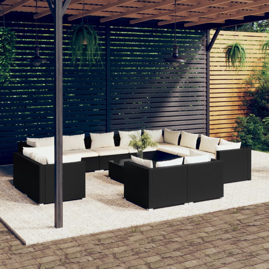 vidaXL 13-tlg. Garten-Lounge-Set mit Kissen Schwarz Poly Rattan