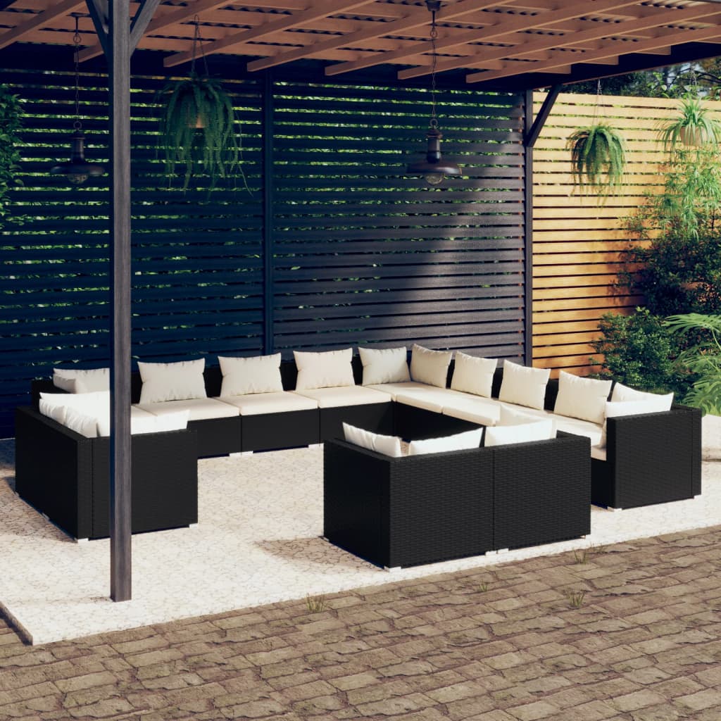 vidaXL 13-tlg. Garten-Lounge-Set mit Kissen Schwarz Poly Rattan