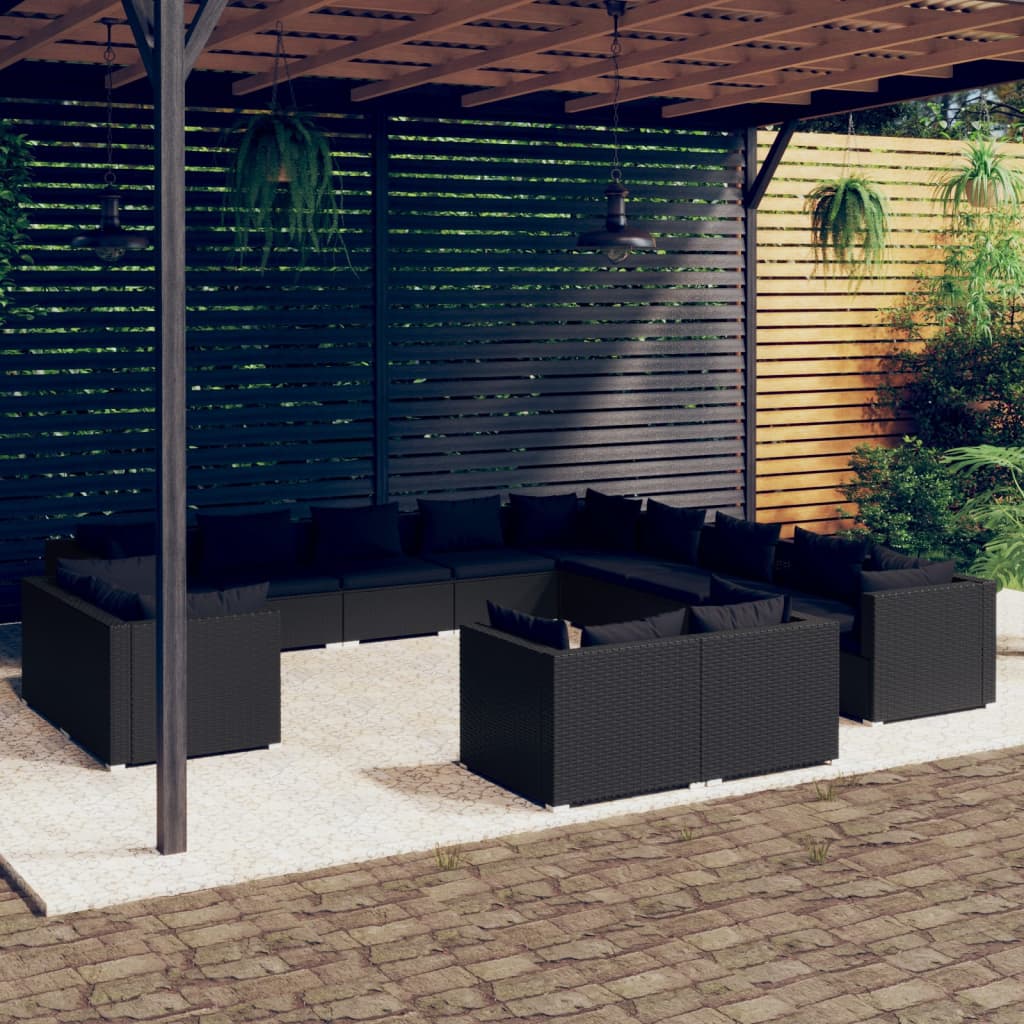 13-tlg. Garten-Lounge-Set mit Kissen Schwarz Poly Rattan kaufen