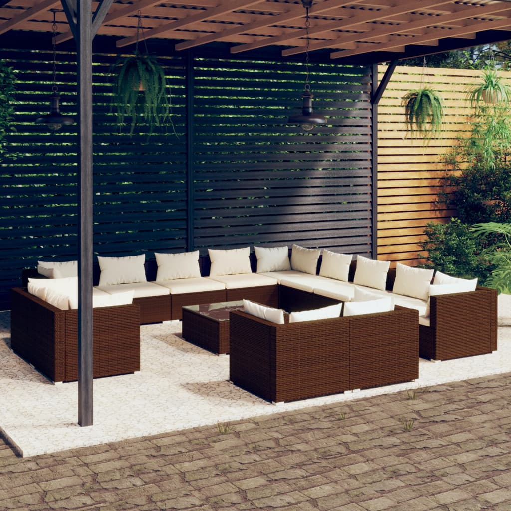 vidaXL 14-tlg. Garten-Lounge-Set mit Kissen Braun Poly Rattan