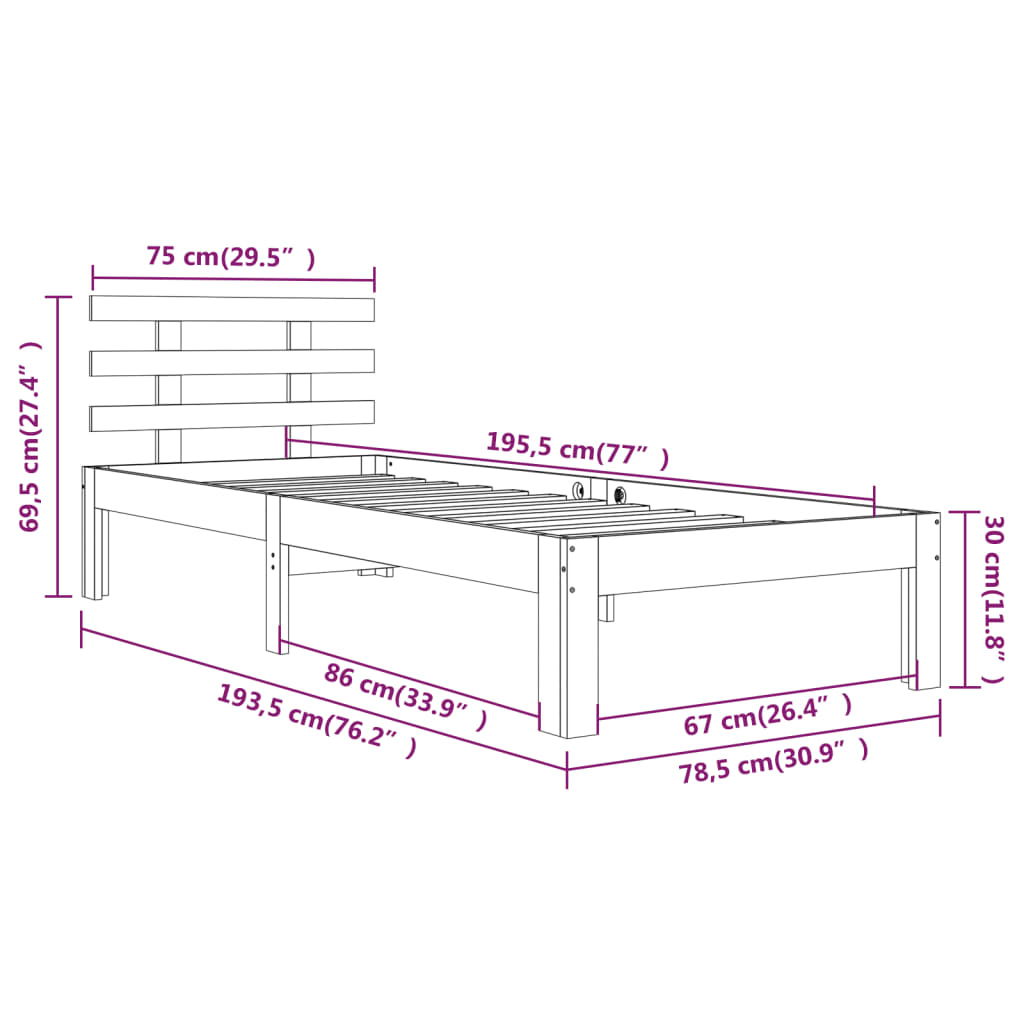 Cadru de pat mic single, 75x190 cm, lemn masiv