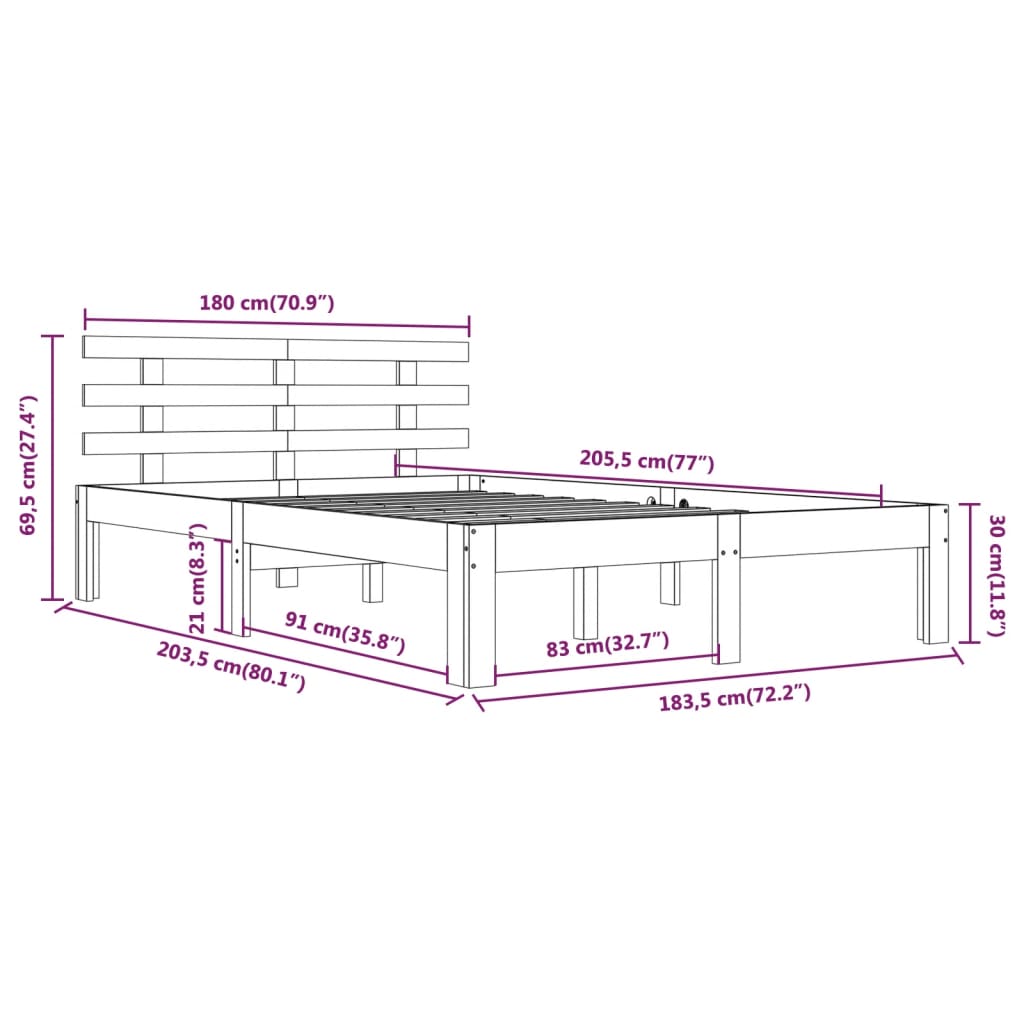 Cadru de pat Super King, alb, 180x200 cm, lemn masiv