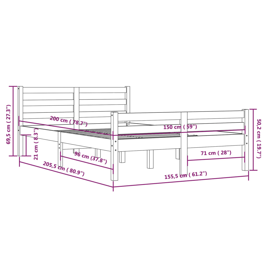 Okvir za krevet od masivnog drva crni 150 x 200 cm 5FT King