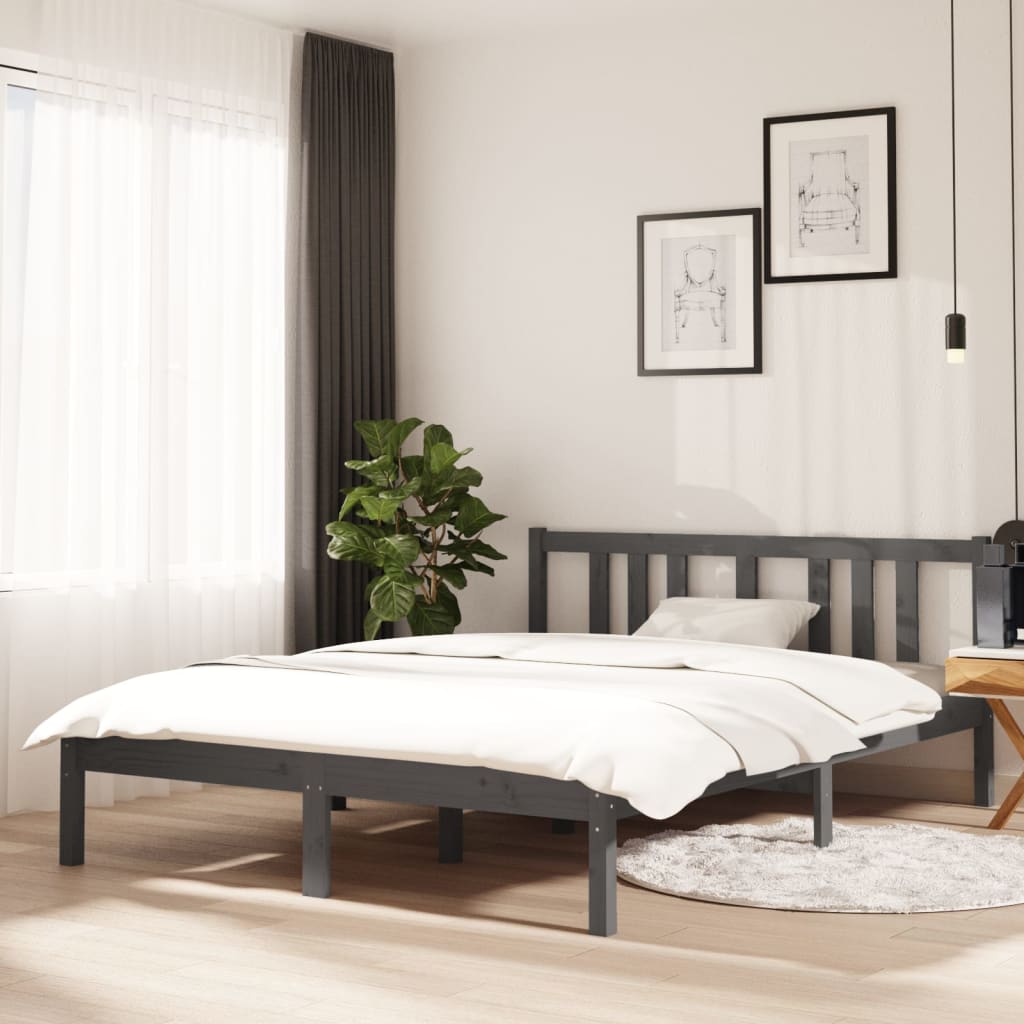 vidaXL Rama ��ka, szara, lite drewno, 135x190 cm, podw�jna