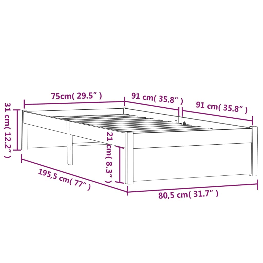 Cadru de pat mic single, alb, 75x190 cm, lemn masiv